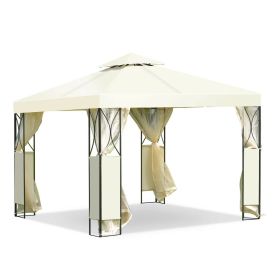 10 x 10 Ft Outdoor Steel Frame Gazebo with Beige Canopy and Mesh Side Walls