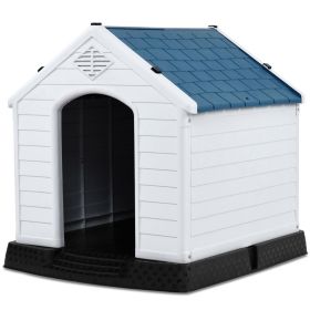 Small Outdoor Dog House in Blue and White Plastic with Elevated Floor