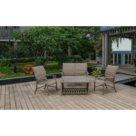 Aluminum Patio Chat Set with Faux Wood Top Table & Quick Dry Cushioning 4PCS SET(D0102HEV4IU)