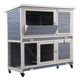 2-Tier Wooden Rabbit Hutch with Wheels, Indoor/Outdoor Pet House with Removable Tray - Gray and White(D0102HP6ZWV)