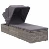 Sun Lounger with Canopy and Cushion Poly Rattan Gray(D0102HEJB17)
