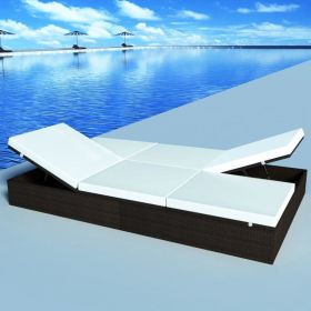 Double Sun Lounger with Cushion Poly Rattan Brown(D0102HEJPTG)