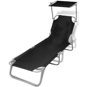 Folding Sun Lounger with Canopy Steel and Fabric Black(D0102HEJELY)
