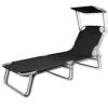 Folding Sun Lounger with Canopy Steel and Fabric Black(D0102HEJELY)