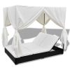 Outdoor Lounge Bed with Curtains Poly Rattan Black(D0102HEJI2U)