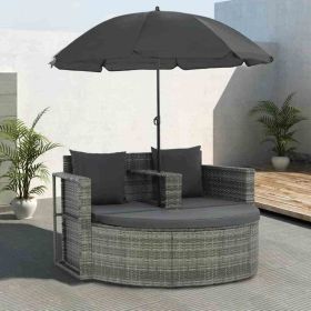 2 Seater Garden Sofa with Cushions and Parasol Gray Poly Rattan(D0102HEJLUA)