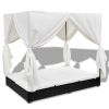 Outdoor Lounge Bed with Curtains Poly Rattan Black(D0102HEJI2U)