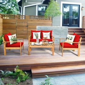 4 Pieces Patio Acacia Wood Thick Cushion Loveseat Sofa Set(D0102HP8X4A)