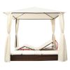 Double Sun Lounger with Curtains Poly Rattan Brown(D0102HEJI7V)