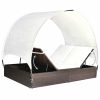 Double Sun Lounger with Canopy Poly Rattan Brown(D0102HEJ95W)