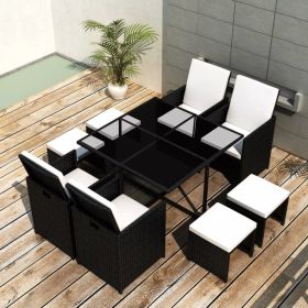 9 Piece Outdoor Dining Set with Cushions Poly Rattan Black(D0102HEJS0Y)