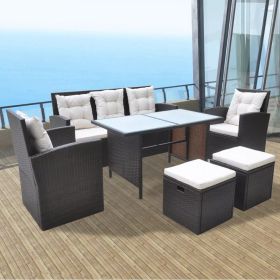 6 Piece Outdoor Dining Set with Cushions Poly Rattan Brown(D0102HEJS3W)