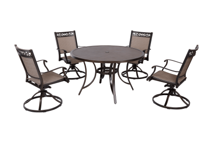 Outdoor 5 Piece Dining Set Patio Furniture w/ Aluminum Swivel Rocker Sling Chair Set 4pcs & 48inch Tempered Glass Top Table(D0102HPY52Y)