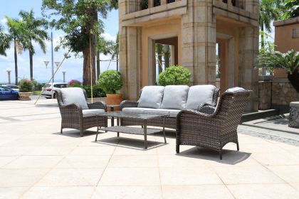 4-Piece Metal Frame Wicker Patio Conversation Set w/ Olefin Cushions(D0102HEYKIV)