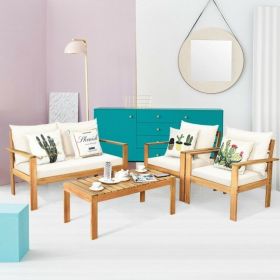 4 Pieces Patio Acacia Wood Thick Cushion Loveseat Sofa Set(D0102HP8X4W)