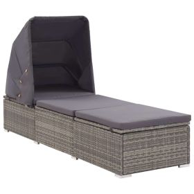 Sun Lounger with Canopy and Cushion Poly Rattan Gray(D0102HEJB17)