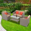 4 PCS Outdoor Patio Rattan Wicker Furniture Set with Table Sofa Cushioned  XH(D0102HEBT67)