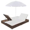 Outdoor Lounge Bed with Umbrella Poly Rattan Brown(D0102HEJIGA)