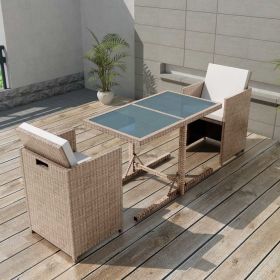 3 Piece Bistro Set with Cushions Poly Rattan Beige(D0102HEJS1A)