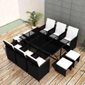 11 Piece Outdoor Dining Set with Cushions Poly Rattan Black(D0102HEJS0U)