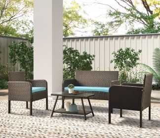 U_Style 4 Piece Rattan Sofa Seating Group with Cushions, Outdoor Ratten sofa AL(D0102HEBPEW)