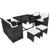 9 Piece Outdoor Dining Set with Cushions Poly Rattan Black(D0102HEJS0Y)