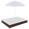 Outdoor Lounge Bed with Umbrella Poly Rattan Brown(D0102HEJIGA)