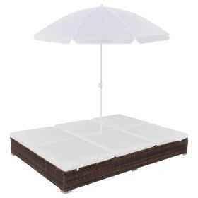 Outdoor Lounge Bed with Umbrella Poly Rattan Brown(D0102HEJIGA)