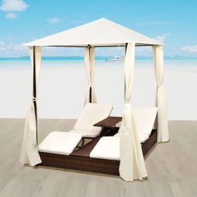 Double Sun Lounger with Curtains Poly Rattan Brown(D0102HEJI7V)