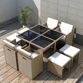 9 Piece Outdoor Dining Set with Cushions Poly Rattan Beige(D0102HEJSYW)
