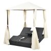 Double Sun Lounger with Curtains Poly Rattan Black(D0102HEJI7W)