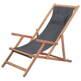 Folding Beach Chair Fabric and Wooden Frame Gray(D0102HEJQHU)