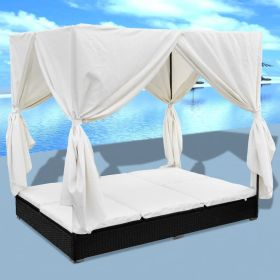 Outdoor Lounge Bed with Curtains Poly Rattan Black(D0102HEJI2U)