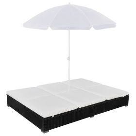 Outdoor Lounge Bed with Umbrella Poly Rattan Black(D0102HEJIGV)