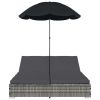 Outdoor Lounge Bed with Umbrella Poly Rattan Gray(D0102HEJY3W)