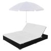 Outdoor Lounge Bed with Umbrella Poly Rattan Black(D0102HEJIGV)