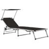 Folding Sun Lounger with Roof Aluminium and Textilene Black(D0102HEJLMW)