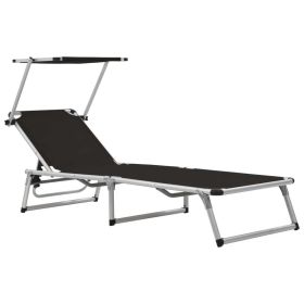 Folding Sun Lounger with Roof Aluminium and Textilene Black(D0102HEJLMW)