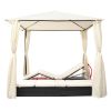 Double Sun Lounger with Curtains Poly Rattan Black(D0102HEJI7W)