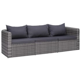 3 Piece Garden Sofa Set with Cushions Gray Poly Rattan(D0102HEJQUG)