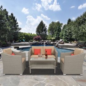 4 PCS Outdoor Patio Rattan Wicker Furniture Set with Table Sofa Cushioned  XH(D0102HEBT67)